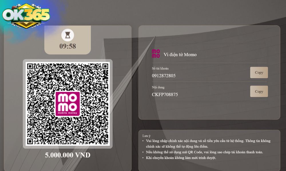 Nạp tiền trực tiếp từ Momo vào OK365